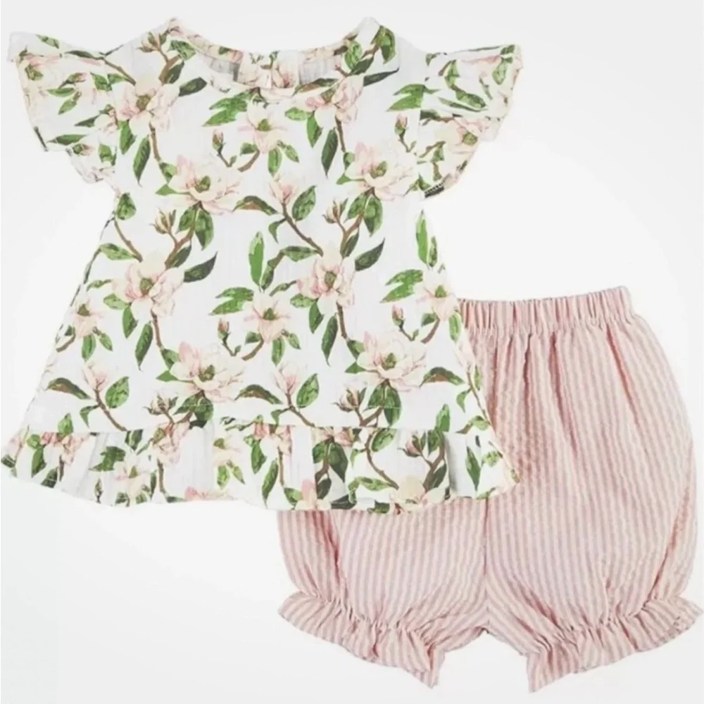 Mud Pie Baby Girls Pink Seersucker Magnolia 2 Piece Short Set Size M (2T-3T)